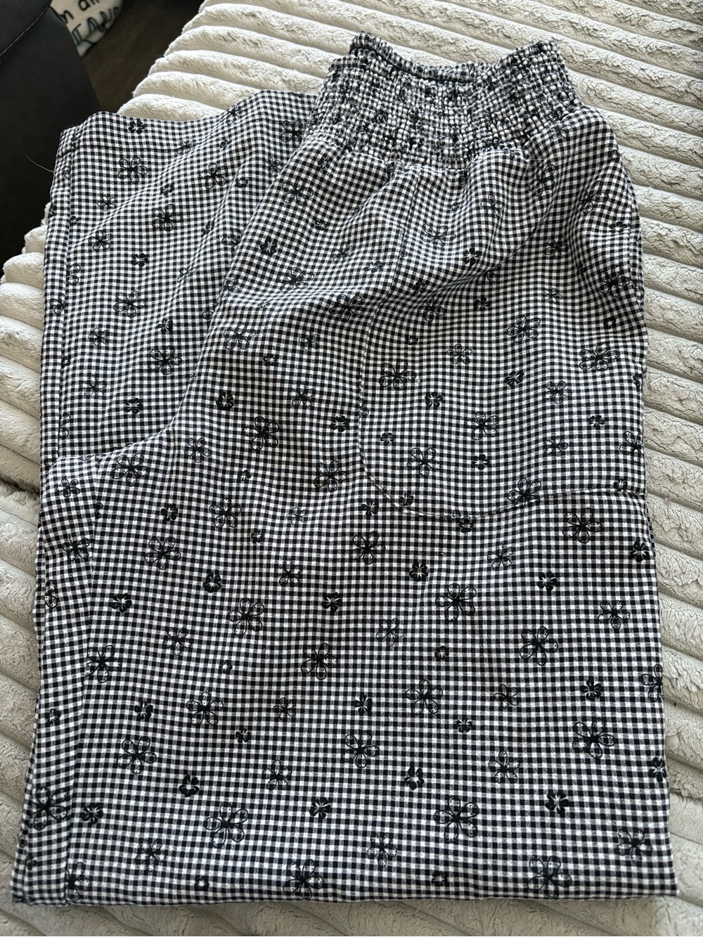 Wide-Leg Gingham Pants with Smocked Waist in Black & White
